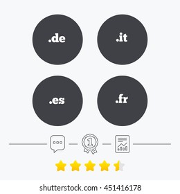 Top-level internet domain icons. De, It, Es and Fr symbols. Unique national DNS names. Chat, award medal and report linear icons. Star vote ranking. Vector
