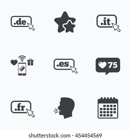Top-level internet domain icons. De, It, Es and Fr symbols with cursor pointer. Unique national DNS names. Flat talking head, calendar icons. Stars, like counter icons. Vector