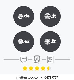 Top-level internet domain icons. De, It, Es and Fr symbols with globe. Unique national DNS names. Chat, award medal and report linear icons. Star vote ranking. Vector