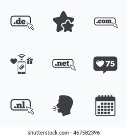 Top-level internet domain icons. De, Com, Net and Nl symbols with cursor pointer. Unique national DNS names. Flat talking head, calendar icons. Stars, like counter icons. Vector