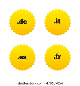 Top-level internet domain icons. De, It, Es and Fr symbols. Unique national DNS names. Yellow stars labels with flat icons. Vector