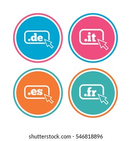 Top-level internet domain icons. De, It, Es and Fr symbols with cursor pointer. Unique national DNS names. Colored circle buttons. Vector
