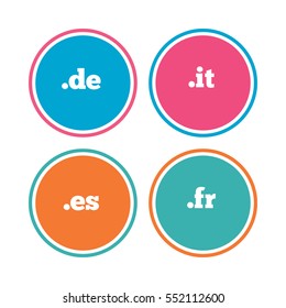 Top-level internet domain icons. De, It, Es and Fr symbols. Unique national DNS names. Colored circle buttons. Vector