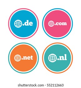 Top-level internet domain icons. De, Com, Net and Nl symbols with globe. Unique national DNS names. Colored circle buttons. Vector