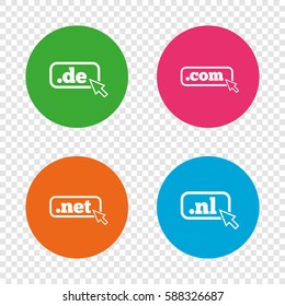 Top-level internet domain icons. De, Com, Net and Nl symbols with cursor pointer. Unique national DNS names. Round buttons on transparent background. Vector