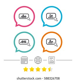 Top-level internet domain icons. De, It, Es and Fr symbols with cursor pointer. Unique national DNS names. Calendar, internet globe and report linear icons. Star vote ranking. Vector