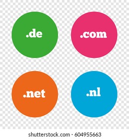 Top-level internet domain icons. De, Com, Net and Nl symbols. Unique national DNS names. Round buttons on transparent background. Vector