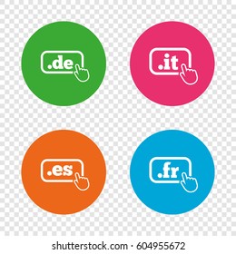 Top-level internet domain icons. De, It, Es and Fr symbols with hand pointer. Unique national DNS names. Round buttons on transparent background. Vector