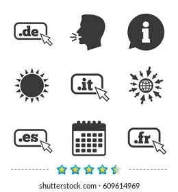 Top-level internet domain icons. De, It, Es and Fr symbols with cursor pointer. Unique national DNS names. Information, go to web and calendar icons. Sun and loud speak symbol. Vector