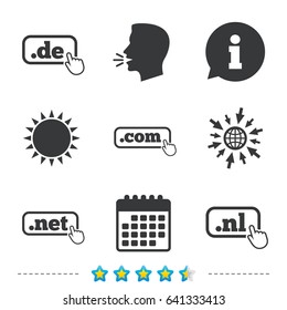 Top-level internet domain icons. De, Com, Net and Nl symbols with hand pointer. Unique national DNS names. Information, go to web and calendar icons. Sun and loud speak symbol. Vector