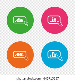 Top-level internet domain icons. De, It, Es and Fr symbols with cursor pointer. Unique national DNS names. Round buttons on transparent background. Vector