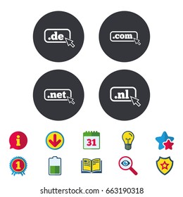 Top-level internet domain icons. De, Com, Net and Nl symbols with cursor pointer. Unique national DNS names. Calendar, Information and Download signs. Stars, Award and Book icons. Vector