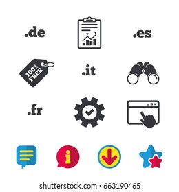 Top-level internet domain icons. De, It, Es and Fr symbols. Unique national DNS names. Browser window, Report and Service signs. Binoculars, Information and Download icons. Stars and Chat. Vector