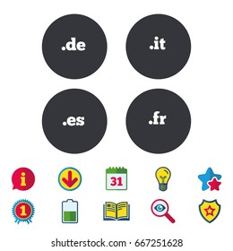 Top-level internet domain icons. De, It, Es and Fr symbols. Unique national DNS names. Calendar, Information and Download signs. Stars, Award and Book icons. Light bulb, Shield and Search. Vector