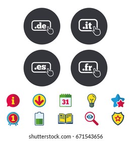 Top-level internet domain icons. De, It, Es and Fr symbols with hand pointer. Unique national DNS names. Calendar, Information and Download signs. Stars, Award and Book icons. Vector