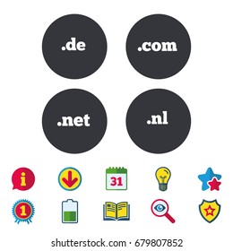 Top-level internet domain icons. De, Com, Net and Nl symbols. Unique national DNS names. Calendar, Information and Download signs. Stars, Award and Book icons. Light bulb, Shield and Search. Vector