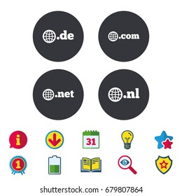 Top-level internet domain icons. De, Com, Net and Nl symbols with globe. Unique national DNS names. Calendar, Information and Download signs. Stars, Award and Book icons. Light bulb, Shield and Search