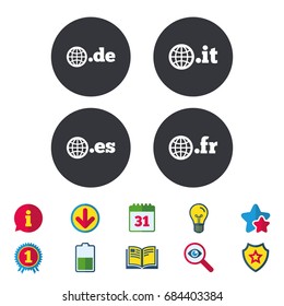 Top-level internet domain icons. De, It, Es and Fr symbols with globe. Unique national DNS names. Calendar, Information and Download signs. Stars, Award and Book icons. Light bulb, Shield and Search