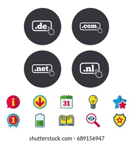 Top-level internet domain icons. De, Com, Net and Nl symbols with hand pointer. Unique national DNS names. Calendar, Information and Download signs. Stars, Award and Book icons. Vector