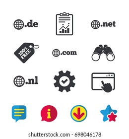 Top-level internet domain icons. De, Com, Net and Nl symbols with globe. Unique national DNS names. Browser window, Report and Service signs. Binoculars, Information and Download icons. Stars and Chat