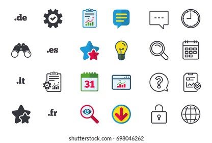 Top-level internet domain icons. De, It, Es and Fr symbols. Unique national DNS names. Chat, Report and Calendar signs. Stars, Statistics and Download icons. Question, Clock and Globe. Vector