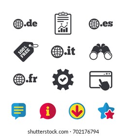 Top-level internet domain icons. De, It, Es and Fr symbols with globe. Unique national DNS names. Browser window, Report and Service signs. Binoculars, Information and Download icons. Stars and Chat