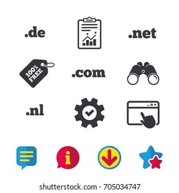 Top-level internet domain icons. De, Com, Net and Nl symbols. Unique national DNS names. Browser window, Report and Service signs. Binoculars, Information and Download icons. Stars and Chat. Vector