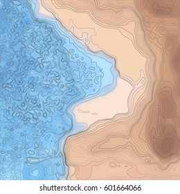 Topographic abstract map. Stylized contour map of the sea coast. Vector color background.