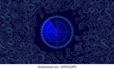 Topographisch blauer Militärplan-Hintergrund. Geografische abstrakte Textur mit einem Kompass. Gebirge oder Wege. Vektorgrafik.