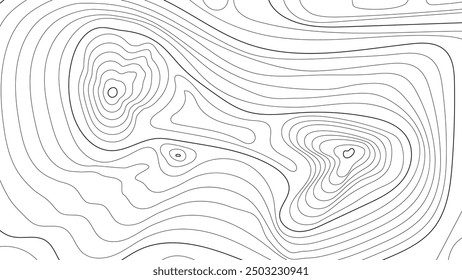 Topographic contour line pattern. Geographic map for cartography showing mountain land elevation. Black and white vector illustration template for print, background, and design element.