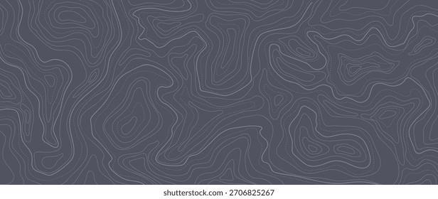 Topografische Kontur Linie Vektorhintergrund mit dunkelgrauen Geländeformen und Navigationsmarkierungen — Abenteuer-Outdoor-Kartendesign für Wandern, Erkunden und Reisen