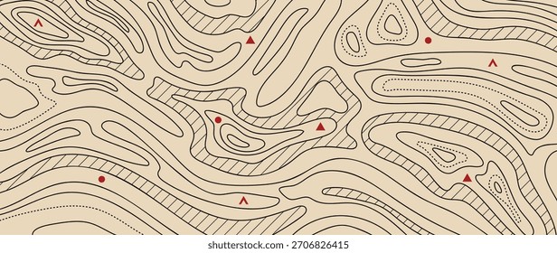 Topographic contour line vector background with beige terrain shapes and navigation markers — adventure outdoor map design for hiking, exploration and travel