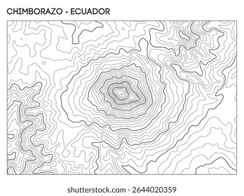 Topographic contour map of Chimborazo volcano in Ecuador showing peak elevation and surrounding. Contour lines vector terrain background.