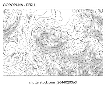 Mapa topográfico do contorno do vulcão Coropuna, no Peru, apresentando cúpula coberta de crateras e elevação andina acidentada. Contorno linhas vetor terreno fundo.