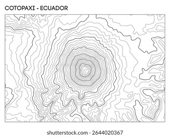 Mapa topográfico do contorno do vulcão Cotopaxi, no Equador, mostrando a estrutura de elevação simétrica e o pico da cratera. Contorno linhas vetor terreno fundo.