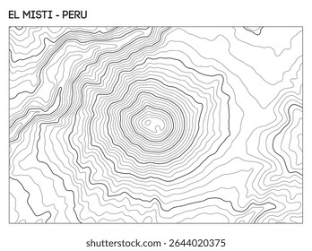 Mapa topográfico do contorno do vulcão El Misti no Peru mostrando a cratera central e contornos de elevação simétricos. Contorno linhas vetor terreno fundo.