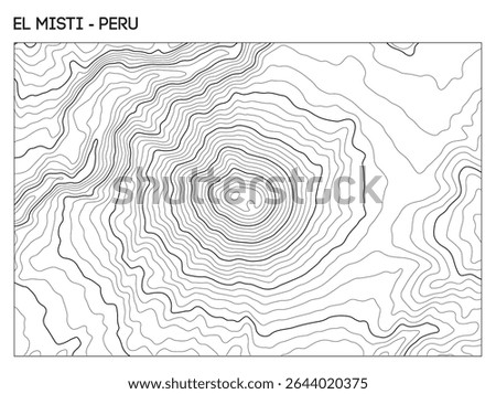 Topographic contour map of El Misti volcano in Peru showing central crater and symmetrical elevation contours. Contour lines vector terrain background.