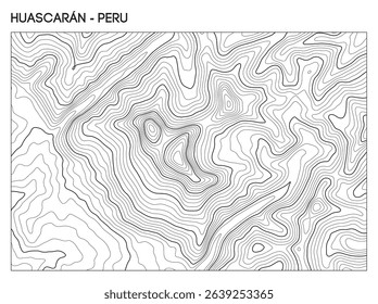 Topographic contour map of Huascaran mountain in Peru showing peak elevation and rugged Andean terrain. Contour lines vector terrain background.