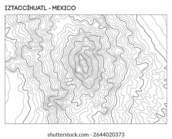 Topographic contour map of Iztaccihuatl volcano in Mexico showing layered elevation and volcanic relief. Contour lines vector terrain background.