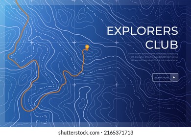 Topographic contour map with marker. Map pattern with mountain texture and grid. Route map. Travel in the mountains - Shutterstock ID 2165371713
