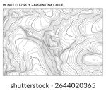 Topographic contour map of Monte Fitz Roy in Patagonia spanning Argentina and Chile with rugged elevation detail. Contour lines vector terrain background.