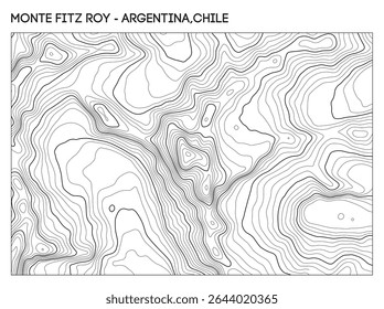 Mapa topográfico do contorno de Monte Fitz Roy na Patagônia, abrangendo a Argentina e o Chile, com detalhes de elevação acidentados. Contorno linhas vetor terreno fundo.