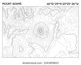 Mapa topográfico do contorno do Monte Adams com linhas de elevação precisas e coordenadas geográficas. Vetor de mapa topográfico.