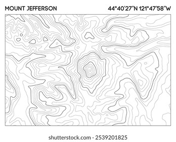 Topografische Konturkarte des Mount Jefferson mit präzisen Höhenlinien und geografischen Koordinaten. Topografischer Kartenvektor.