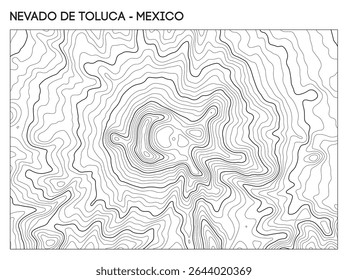 Mapa topográfico do contorno do vulcão Nevado de Toluca, no México, com linhas de cratera e de elevação radial. Contorno linhas vetor terreno fundo.