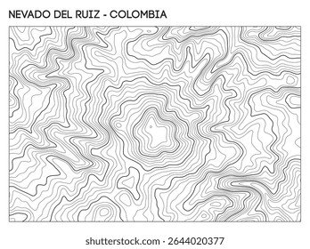 Mapa topográfico do contorno do vulcão Nevado del Ruiz, na Colômbia, destacando a cratera e as características de elevação acidentadas. Contorno linhas vetor terreno fundo.