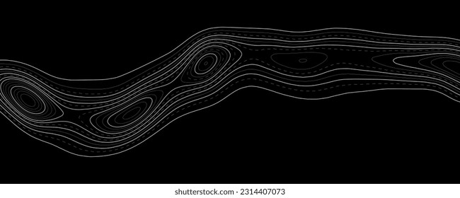 Topographic contour map on black background. Geographic line map with elevation assignments. Concept geographic grid. Vector illustration.