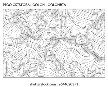 Mapa topográfico do contorno da montanha de Pico Cristobal Colon, na Colômbia, mostrando a complexa elevação e estrutura de ondulações. Contorno linhas vetor terreno fundo.