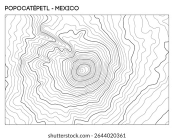 Topographic contour map of Popocatepetl volcano in Mexico with central crater and steep elevation gradients. Contour lines vector terrain background.