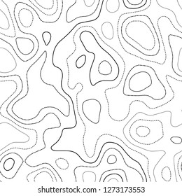 Topographic contours. Actual topography map. Black and white seamless design, alluring tileable isolines pattern. Vector illustration.
